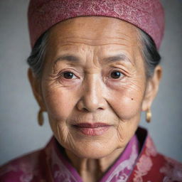 An elderly Asian woman, full of wisdom and grace, with expression lines that tell stories of her lifetime. Her eyes sparkle with kindness, and she is dressed in traditional Asian attire.