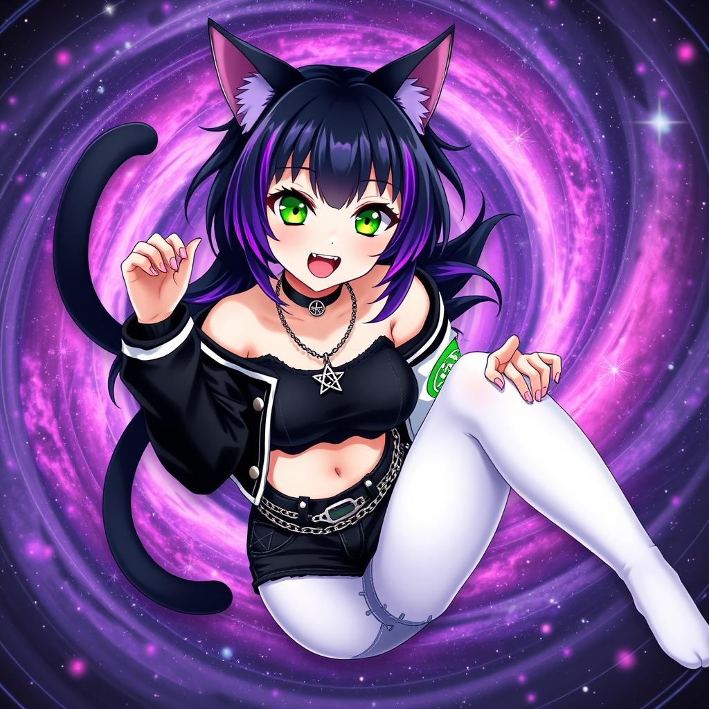 Anime style, 27-year-old girl with cat ears and two black cat tails