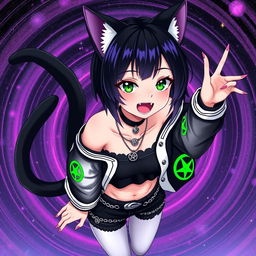 Anime style, 27-year-old girl with cat ears and two black cat tails