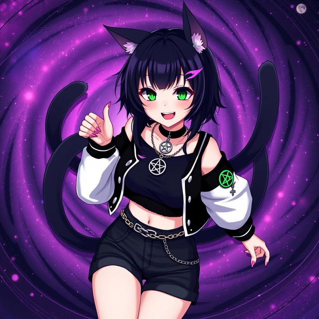 Anime style, 27-year-old girl with cat ears and two black cat tails