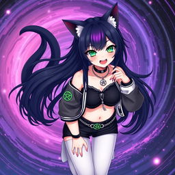 Anime style, 27-year-old girl with cat ears and two black cat tails