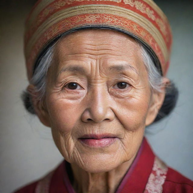 An elderly Asian woman, full of wisdom and grace, with expression lines that tell stories of her lifetime. Her eyes sparkle with kindness, and she is dressed in traditional Asian attire.