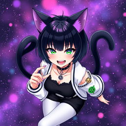 Anime style illustration of a 27-year-old girl with distinctive cat ears and two black cat tails, floating in a mesmerizing black, purple, and pink galaxy