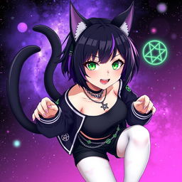 Anime style illustration of a 27-year-old girl with distinctive cat ears and two black cat tails, floating in a mesmerizing black, purple, and pink galaxy