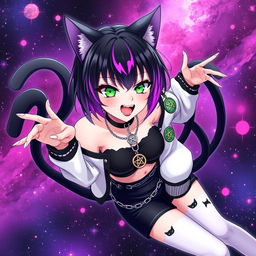 Anime style illustration of a 27-year-old girl with distinctive cat ears and two black cat tails, floating in a mesmerizing black, purple, and pink galaxy