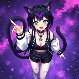 Anime style illustration of a 27-year-old girl with distinctive cat ears and two black cat tails, floating in a mesmerizing black, purple, and pink galaxy