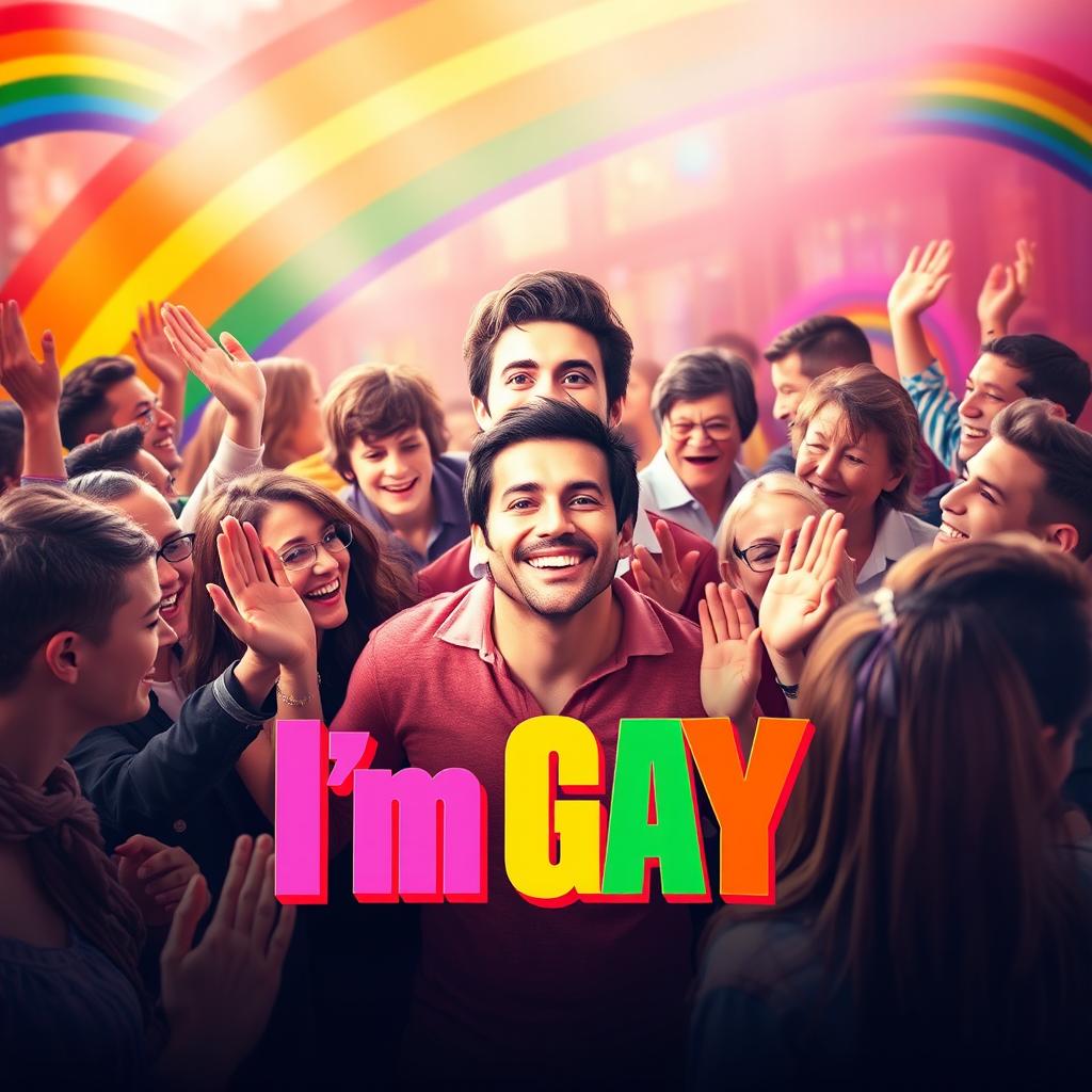 A vibrant and celebratory movie poster titled "I'm Gay" featuring a scene full of cheerful people surrounding one central figure who is smiling confidently