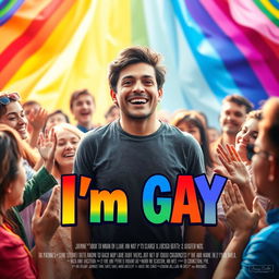 A vibrant and celebratory movie poster titled "I'm Gay" featuring a scene full of cheerful people surrounding one central figure who is smiling confidently