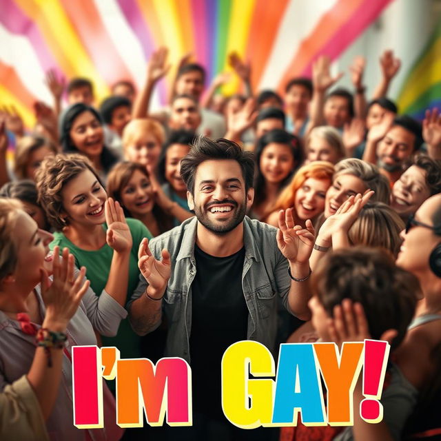 A vibrant and celebratory movie poster titled "I'm Gay" featuring a scene full of cheerful people surrounding one central figure who is smiling confidently