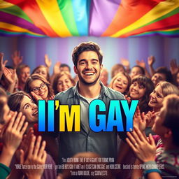 A vibrant and celebratory movie poster titled "I'm Gay" featuring a scene full of cheerful people surrounding one central figure who is smiling confidently