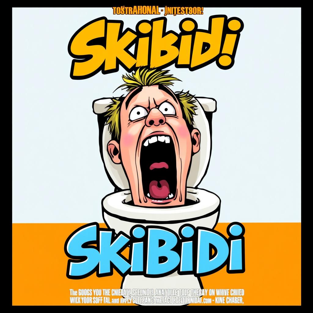 A quirky and humorous movie poster titled "Skibidi" depicting a head popping out of a toilet and screaming in an exaggerated comic style