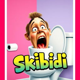 A quirky and humorous movie poster titled "Skibidi" depicting a head popping out of a toilet and screaming in an exaggerated comic style