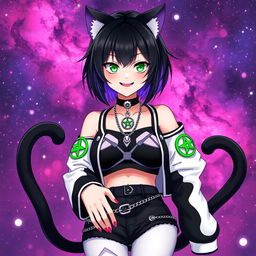 Anime style, a 27-year-old girl with black cat ears and two black cat tails