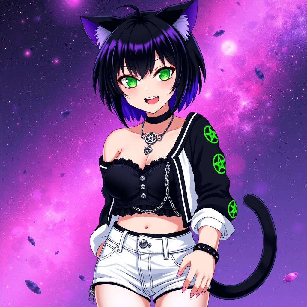 Anime style, a 27-year-old girl with black cat ears and two black cat tails