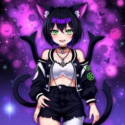 Anime style, a 27-year-old girl with black cat ears and two black cat tails