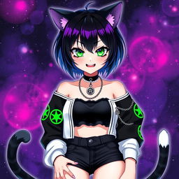 Anime style, a 27-year-old girl with black cat ears and two black cat tails