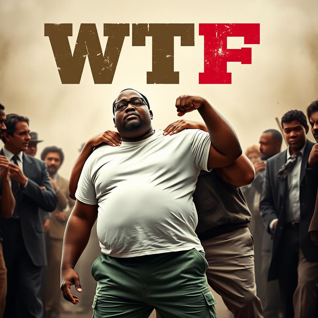 a movie poster for a film titled 'WTF', featuring a compelling scene where a black man is oppressed by an overweight man with glasses, who is dressed in a casual white t-shirt and green pants