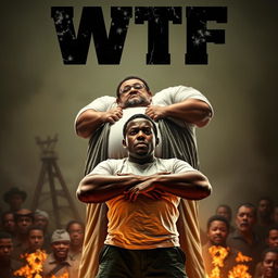 a movie poster for a film titled 'WTF', featuring a compelling scene where a black man is oppressed by an overweight man with glasses, who is dressed in a casual white t-shirt and green pants