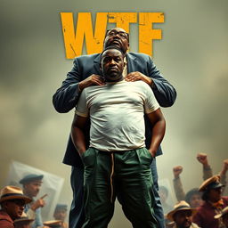 a movie poster for a film titled 'WTF', featuring a compelling scene where a black man is oppressed by an overweight man with glasses, who is dressed in a casual white t-shirt and green pants