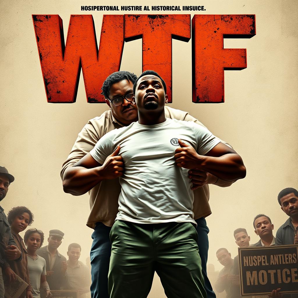 a movie poster for a film titled 'WTF', featuring a compelling scene where a black man is oppressed by an overweight man with glasses, who is dressed in a casual white t-shirt and green pants