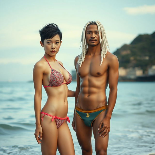 A beautiful 18-year-old Japanese woman with a stylish quiff pixie haircut, large breasts, and an hourglass figure, wearing a bikini with a bitcoin logo, posing seductively with her boyfriend, a handsome 45-year-old Hong Kong actor who is athletic with white dreadlocks, standing together at the edge of the beach