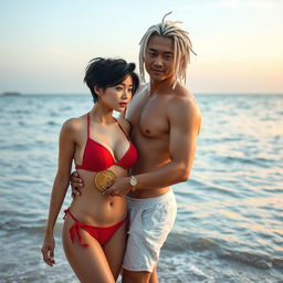 A beautiful 18-year-old Japanese woman with a stylish quiff pixie haircut, large breasts, and an hourglass figure, wearing a bikini with a bitcoin logo, posing seductively with her boyfriend, a handsome 45-year-old Hong Kong actor who is athletic with white dreadlocks, standing together at the edge of the beach