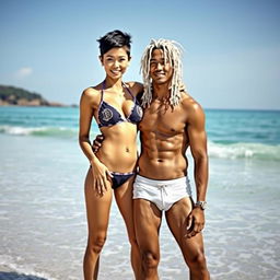 A beautiful 18-year-old Japanese woman with a stylish quiff pixie haircut, large breasts, and an hourglass figure, wearing a bikini with a bitcoin logo, posing seductively with her boyfriend, a handsome 45-year-old Hong Kong actor who is athletic with white dreadlocks, standing together at the edge of the beach