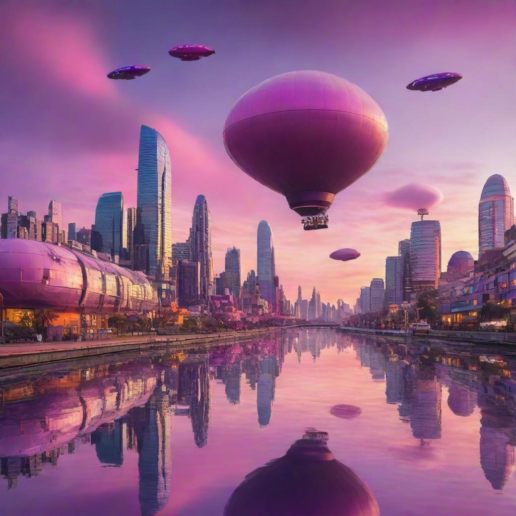 A whimsical cityscape during sunset with futuristic buildings silhouetted against a vibrant sky with hues of pink, orange, and purple. The city is teeming with life, blimps in the sky, flying cars darting through the air and reflective water bodies mirroring the scene.