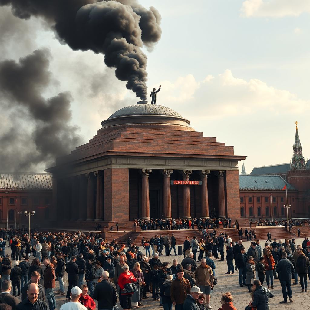 A realistic depiction of Lenin's Mausoleum located in Red Square, Moscow, showcasing its architectural design in detail