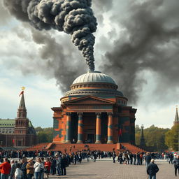 A realistic depiction of Lenin's Mausoleum located in Red Square, Moscow, showcasing its architectural design in detail