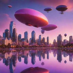 A whimsical cityscape during sunset with futuristic buildings silhouetted against a vibrant sky with hues of pink, orange, and purple. The city is teeming with life, blimps in the sky, flying cars darting through the air and reflective water bodies mirroring the scene.