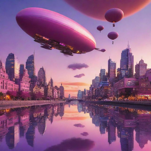 A whimsical cityscape during sunset with futuristic buildings silhouetted against a vibrant sky with hues of pink, orange, and purple. The city is teeming with life, blimps in the sky, flying cars darting through the air and reflective water bodies mirroring the scene.