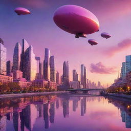 A whimsical cityscape during sunset with futuristic buildings silhouetted against a vibrant sky with hues of pink, orange, and purple. The city is teeming with life, blimps in the sky, flying cars darting through the air and reflective water bodies mirroring the scene.