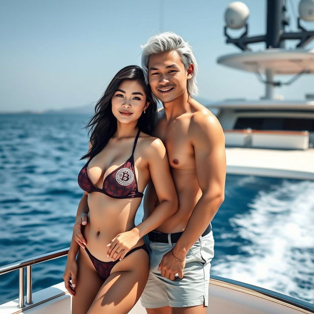 A beautiful 18-year-old Japanese woman with a quiff pixie haircut and large breasts, showcasing her curves in a bikini with a Bitcoin logo