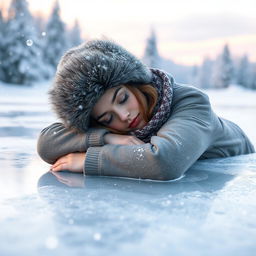 A young woman peacefully sleeping on a smooth, glistening ice surface