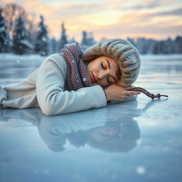 A young woman peacefully sleeping on a smooth, glistening ice surface