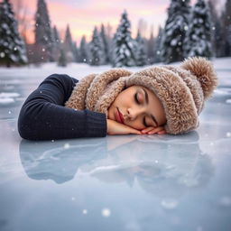 A young woman peacefully sleeping on a smooth, glistening ice surface