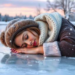 A young woman peacefully sleeping on a smooth, glistening ice surface