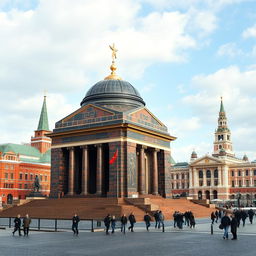 A true-to-life image of Lenin's Mausoleum on Red Square, Moscow, accurately representing its architectural details and surroundings