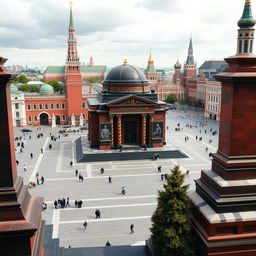 A true-to-life image of Lenin's Mausoleum on Red Square, Moscow, accurately representing its architectural details and surroundings