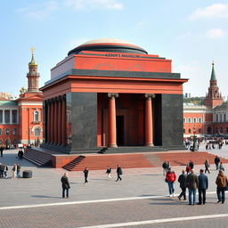 A true-to-life image of Lenin's Mausoleum on Red Square, Moscow, accurately representing its architectural details and surroundings