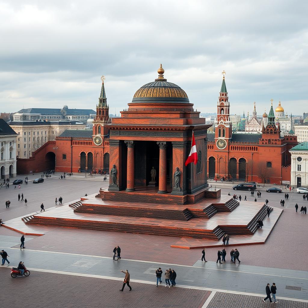 A true-to-life image of Lenin's Mausoleum on Red Square, Moscow, accurately representing its architectural details and surroundings