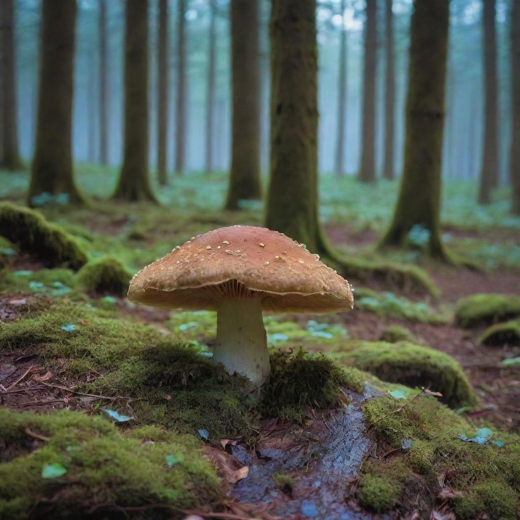 A mesmerizing forest illuminated by a magical, glowing mushroom. The forest scenery bathed in the soft blue glow of the mushroom, casting an ethereal aura on the surrounding ancient, moss-filled trees and echoing with the distant hoots of nocturnal creatures.