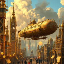 An exquisitely detailed illustration of a steampunk-inspired metropolis, featuring towering brass structures adorned with intricate clockwork gears and steam-powered machinery