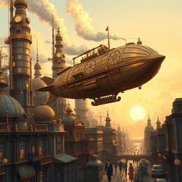 An exquisitely detailed illustration of a steampunk-inspired metropolis, featuring towering brass structures adorned with intricate clockwork gears and steam-powered machinery