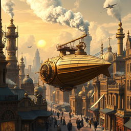 An exquisitely detailed illustration of a steampunk-inspired metropolis, featuring towering brass structures adorned with intricate clockwork gears and steam-powered machinery