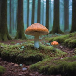 A mesmerizing forest illuminated by a magical, glowing mushroom. The forest scenery bathed in the soft blue glow of the mushroom, casting an ethereal aura on the surrounding ancient, moss-filled trees and echoing with the distant hoots of nocturnal creatures.