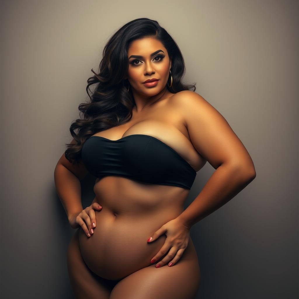 A voluptuous Latina woman with a confident and alluring presence, showcasing her curves in a tasteful and artistic manner