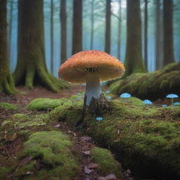 A mesmerizing forest illuminated by a magical, glowing mushroom. The forest scenery bathed in the soft blue glow of the mushroom, casting an ethereal aura on the surrounding ancient, moss-filled trees and echoing with the distant hoots of nocturnal creatures.