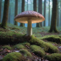 A mesmerizing forest illuminated by a magical, glowing mushroom. The forest scenery bathed in the soft blue glow of the mushroom, casting an ethereal aura on the surrounding ancient, moss-filled trees and echoing with the distant hoots of nocturnal creatures.